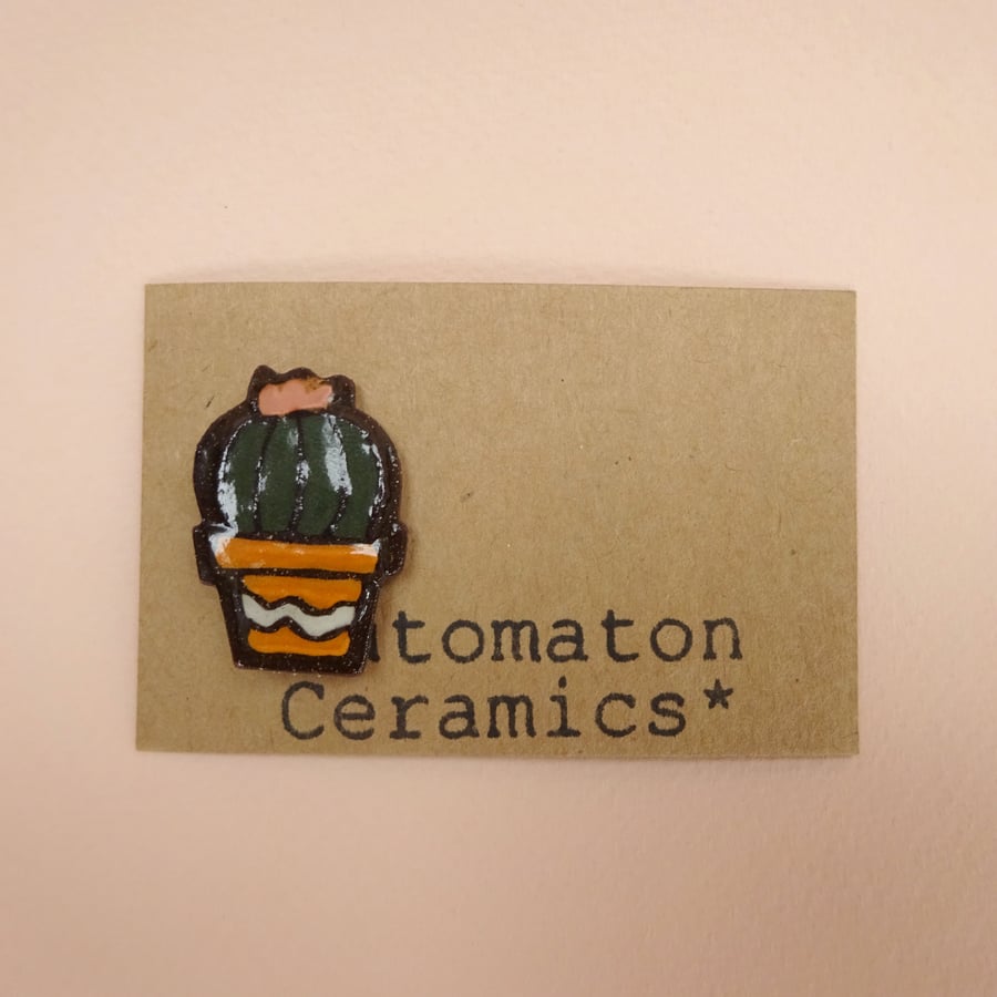 Small ceramic barrel cactus pin badge