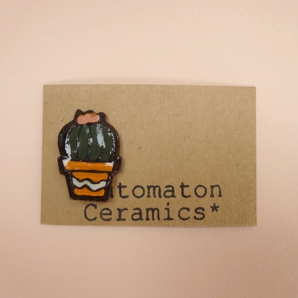 Small ceramic barrel cactus pin badge