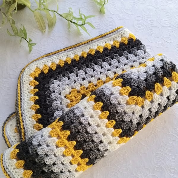 Seconds Sunday Crochet Baby Blanket. Mustard, White, Grey Granny Square