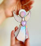 Pink Stained Glass Angel holding a Rose Quartz Crystal Heart - Image 3