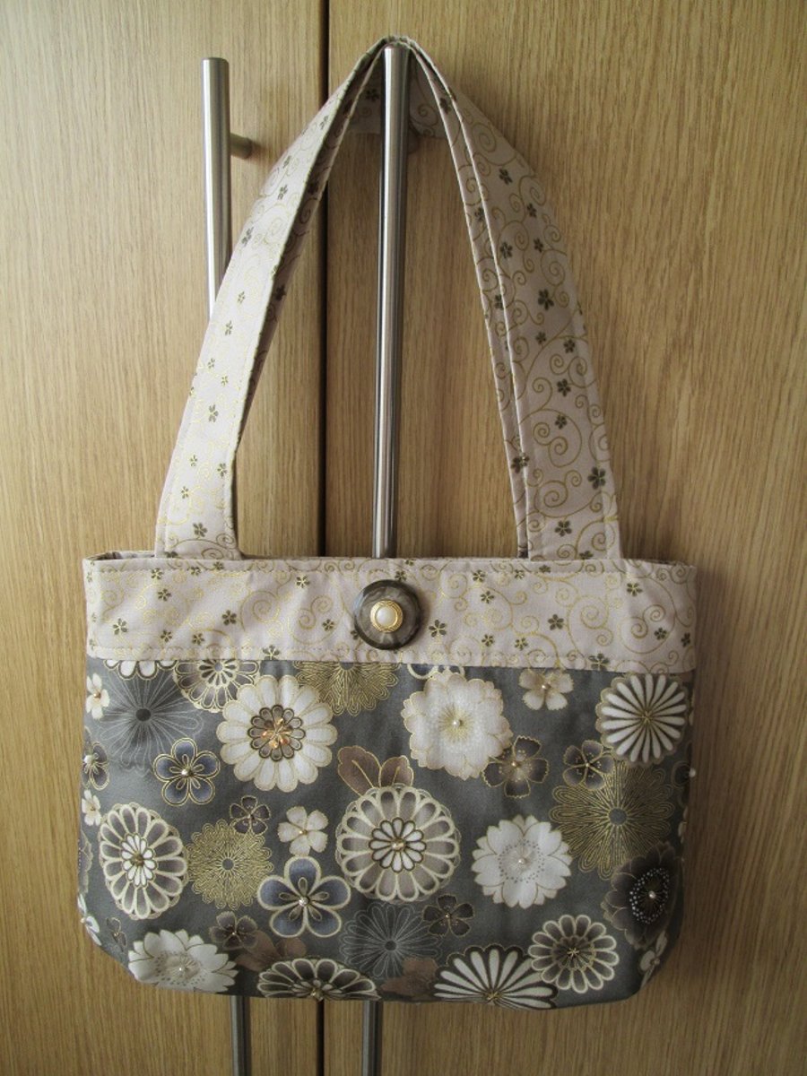 Taupe, Coffee and Cream Oriental Floral Handbag with Beading