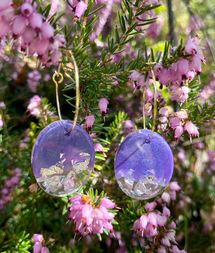 Handmade purple with lilac resin and silver foil ovalhoop earrings