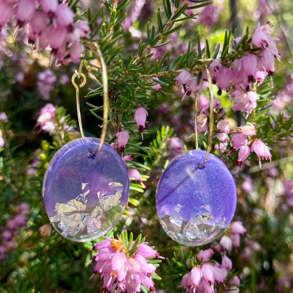 Handmade purple with lilac resin and silver foil ovalhoop earrings