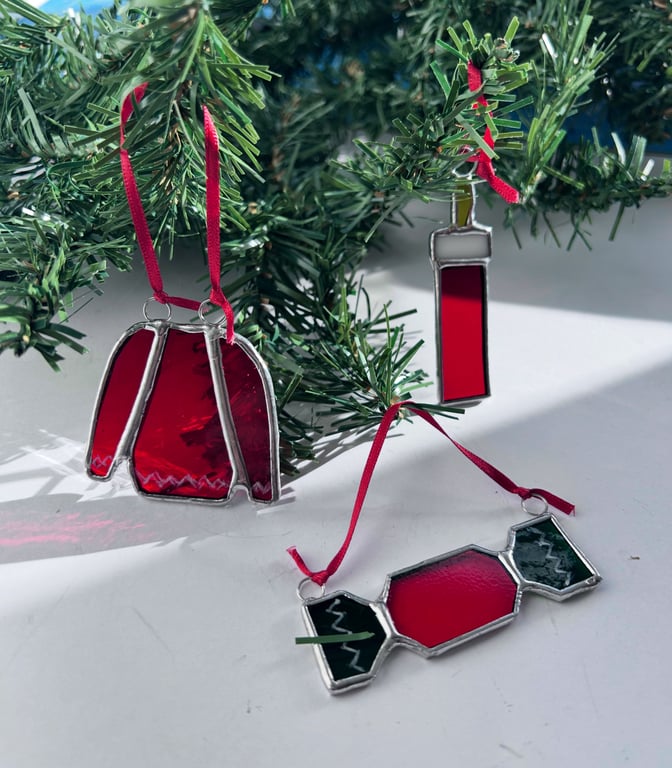 Stained glass Christmas Decorations, candle, cracker & jumper