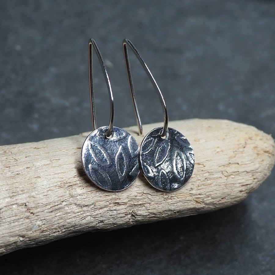 Sterling silver dangle earrings, leaf design, oxidised silver, handmade
