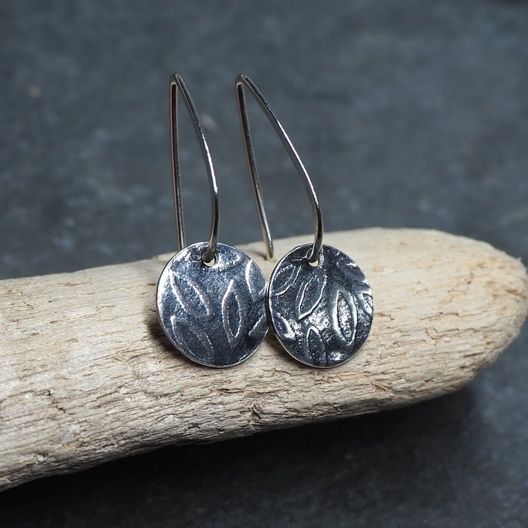 Sterling silver dangle earrings, leaf design, oxidised silver, handmade