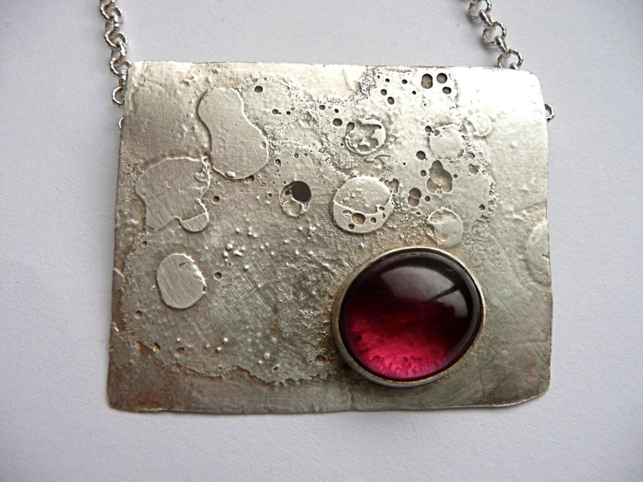 Hot Pink Tourmaline Recycled Silver Etched Necklace