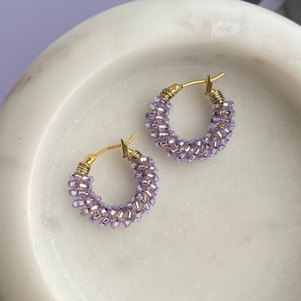 Beaded hoops – lilac, handmade chunky hoop earrings