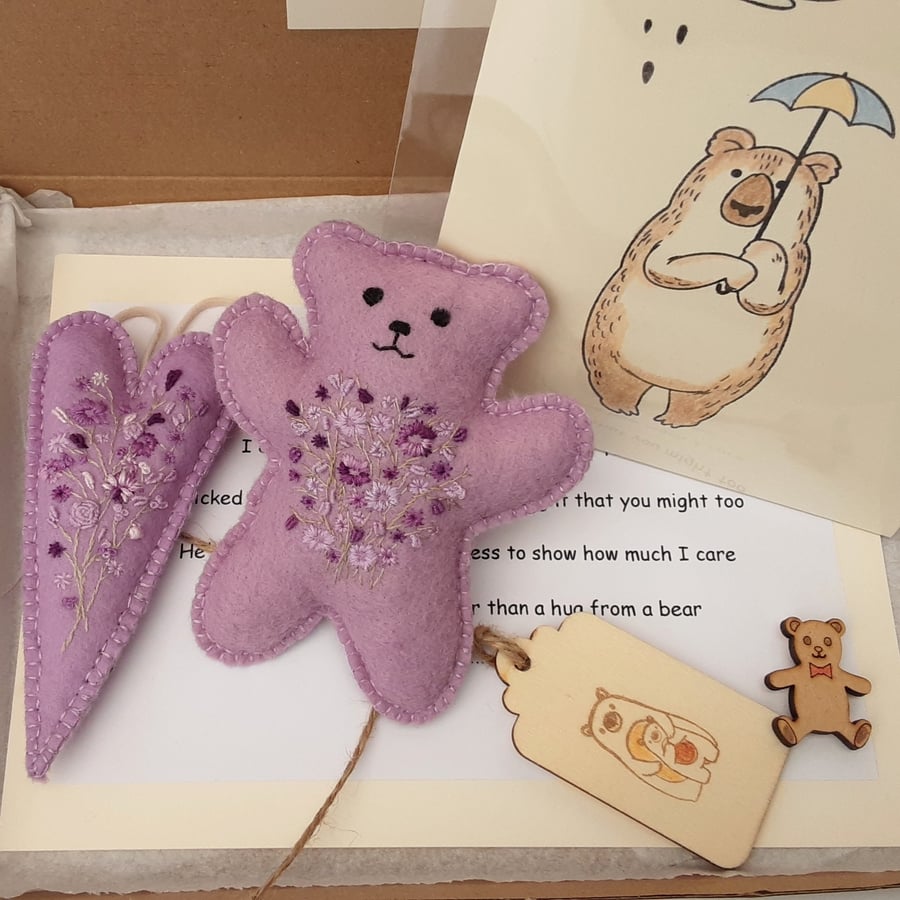 Letterbox Gift, Sending Bear Hugs hand embroidery teddy bear & heart gift 