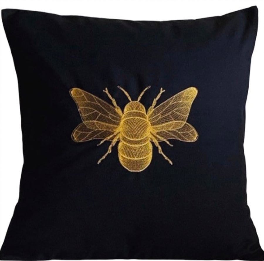 Gold Bee Embroidered Cushion Cover BLACK 16”x16”, Gift Idea