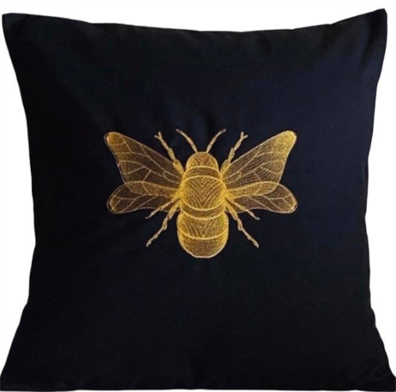 Gold Bee Embroidered Cushion Cover BLACK 16”x16”, Gift Idea