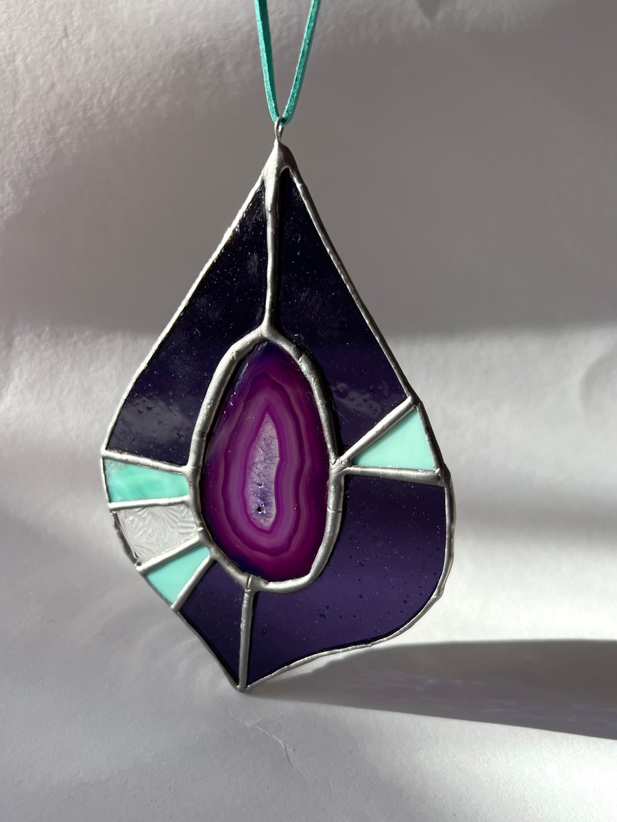 Purple peacock agate stained glass suncatcher