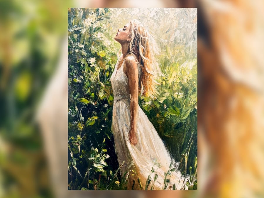 Nature Serenity, Oil Painting of a Woman in a Sunlit Meadow 5"x7" Matte Print
