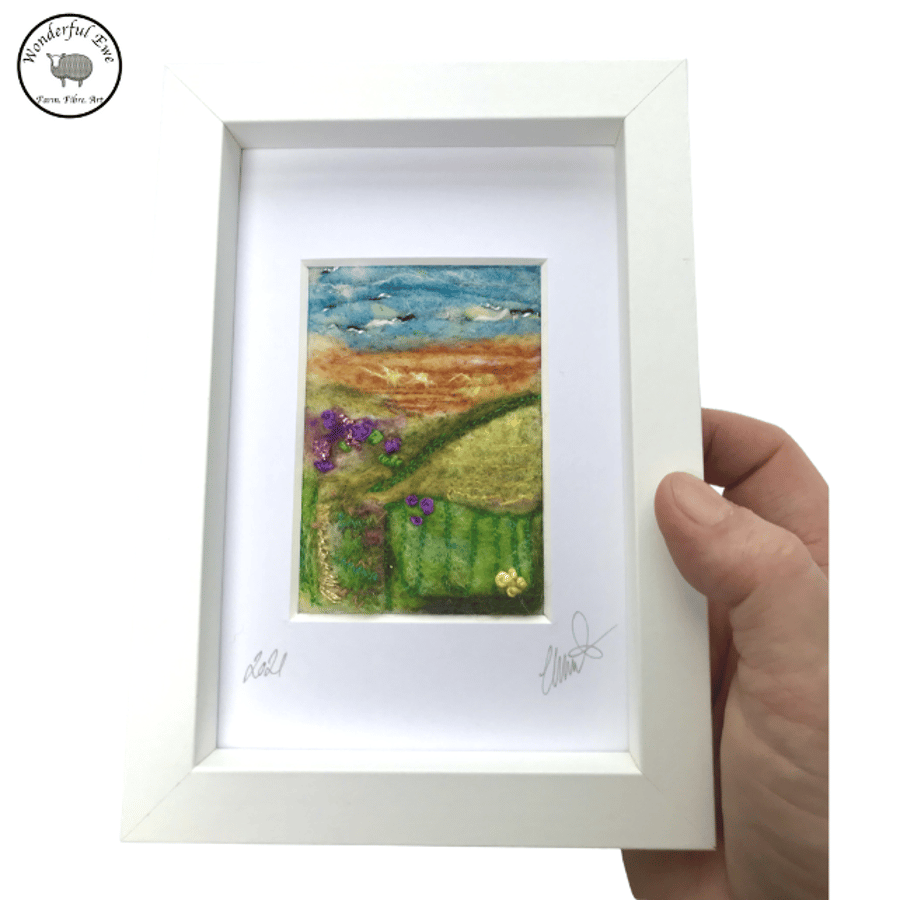 Mini landscape summer wet felt needle felt fibre art embroidery felt painting