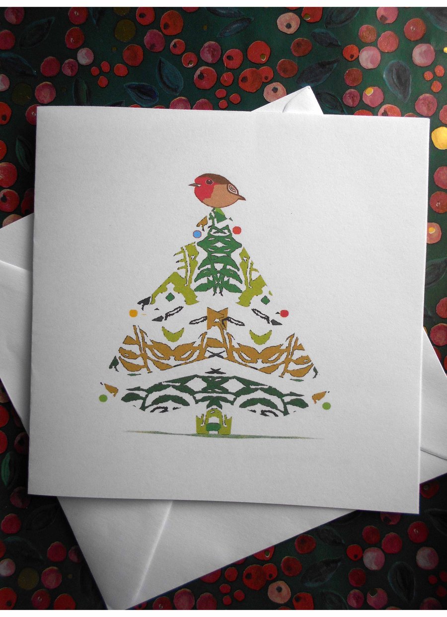 Handdrawn Robin on Christmas Tree Card, Pack of 4 Cards
