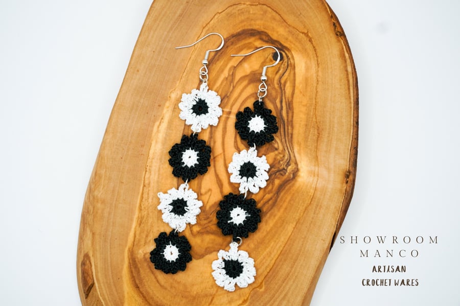 Handmade crochet flower drop earrings with sterling silver hooks, hypoallergenic