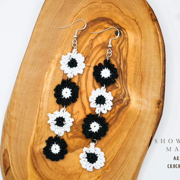 Handmade crochet flower drop earrings with sterling silver hooks, hypoallergenic