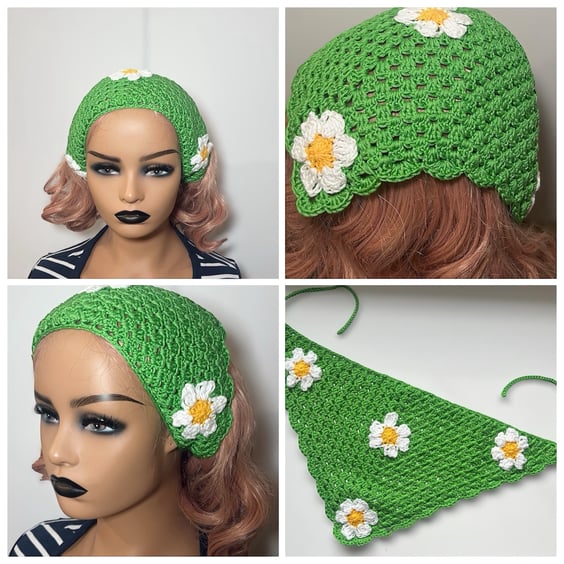 Handmade Green Crochet Hair Bandana with Hand-Sewn White Daisies