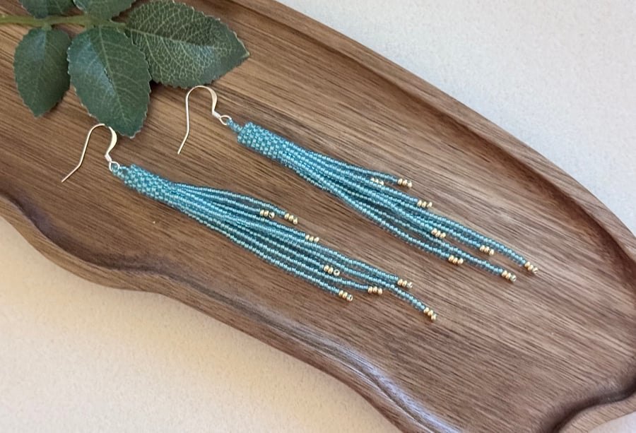 Shimmering aqua blue beadwork tassel fringe earrings