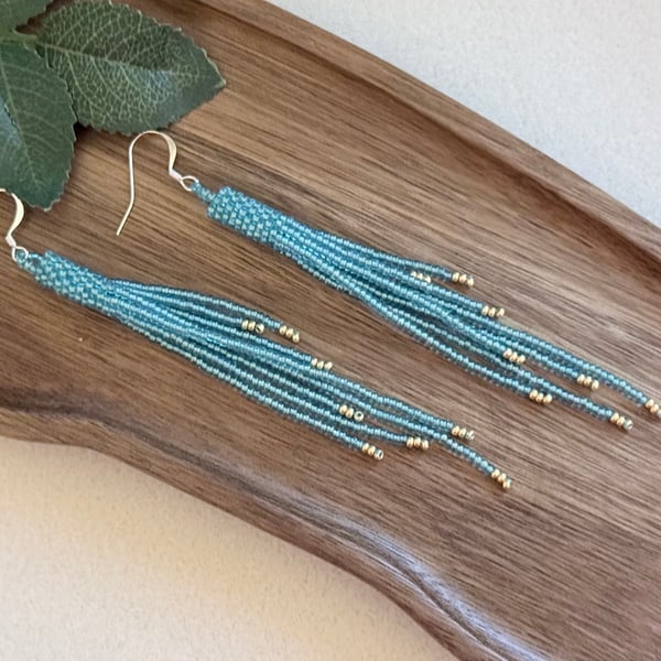 Shimmering aqua blue beadwork tassel fringe earrings