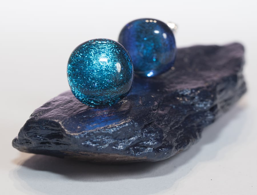 Sparkly Blue Dichroic Glass Earrings on Sterling Silver Studs