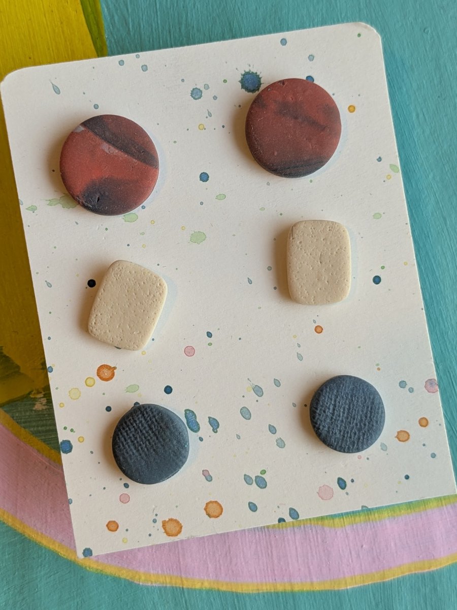 Set of 3 polymer clay stud earrings - in orange, cream and blues