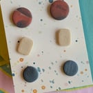 Set of 3 polymer clay stud earrings - in orange, cream and blues