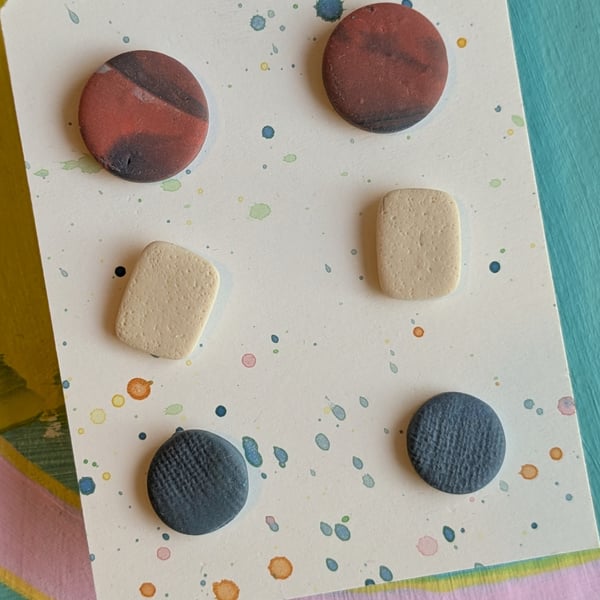 Set of 3 polymer clay stud earrings - in orange, cream and blues
