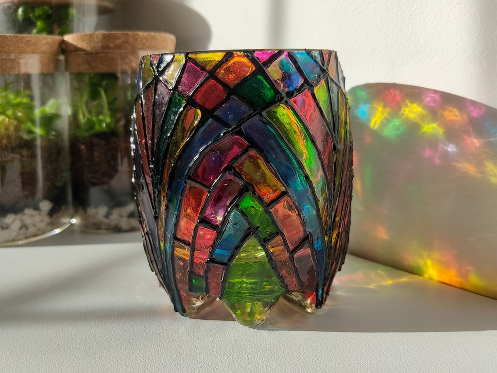 Hand-Painted Stained Glass Effect Candle Holder Lantern–Colourful Archway Design