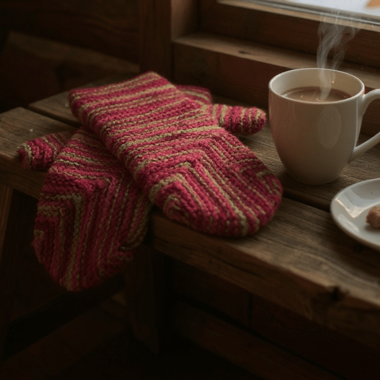 Wool striped mittens - pink & green