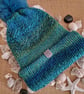Bobble Hat Chunky Blue and Green Multi-Coloured Knitted Ladies Turquoise Pom Pom - Image 2