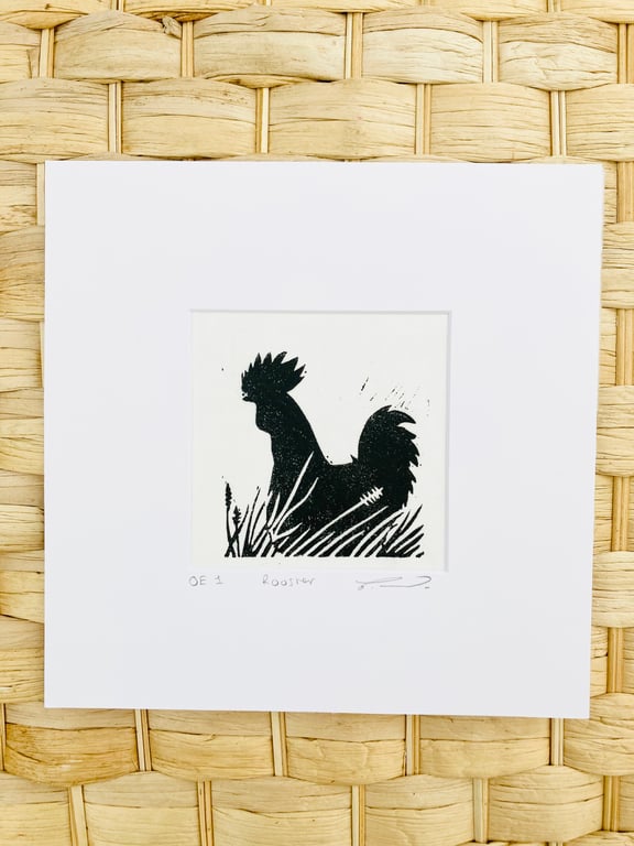 Rooster Lino print, rooster print, bird print, mini print, mini bird print 