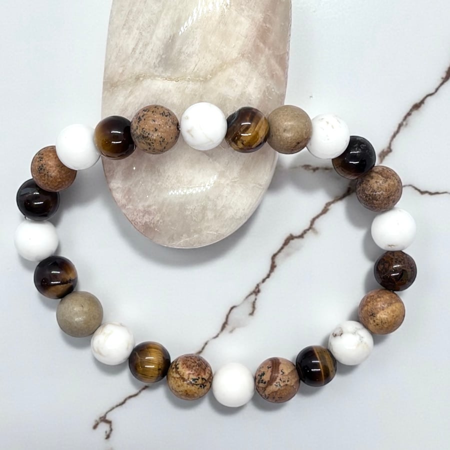 Soothing Bracelet with Magnesite, Picture Jasper and Tigers Eye Gemstones.