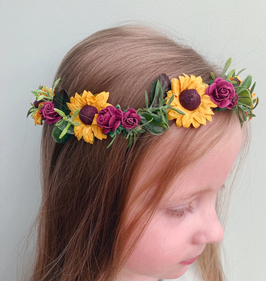 Sunflower and burgundy flower crown headband 