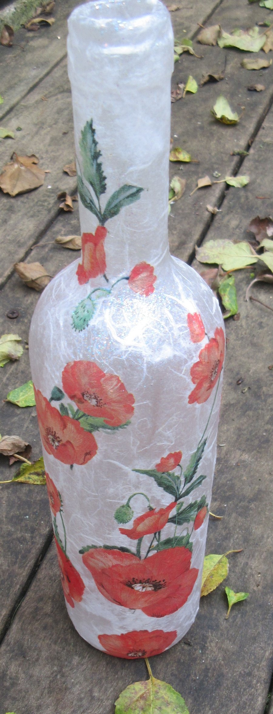 Bottle decoupaged with Flanders poppies - available with lights