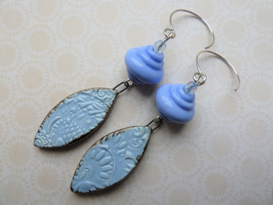 blue drop sterling silver earrings, lampwork and ceramic