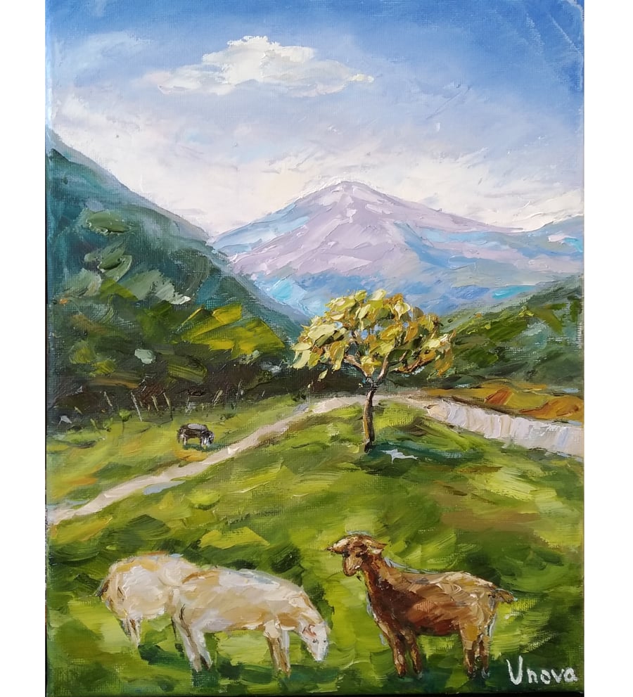 Original Oil Painting Sheep in the meadow UK Landscape Countryside Hills Art