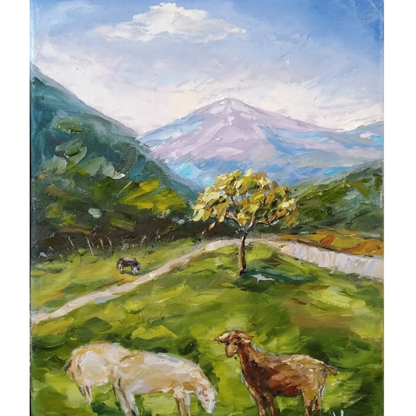 Original Oil Painting Sheep in the meadow UK Landscape Countryside Hills Art
