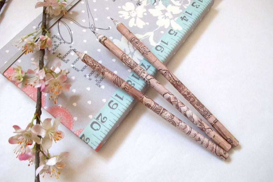 Set of THREE Fantasy Map Themed Pencils