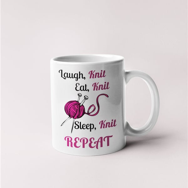 Laugh Eat Sleep Knit Repeat Cute Mug Design Great Gift Idea Grandma's Nan's 