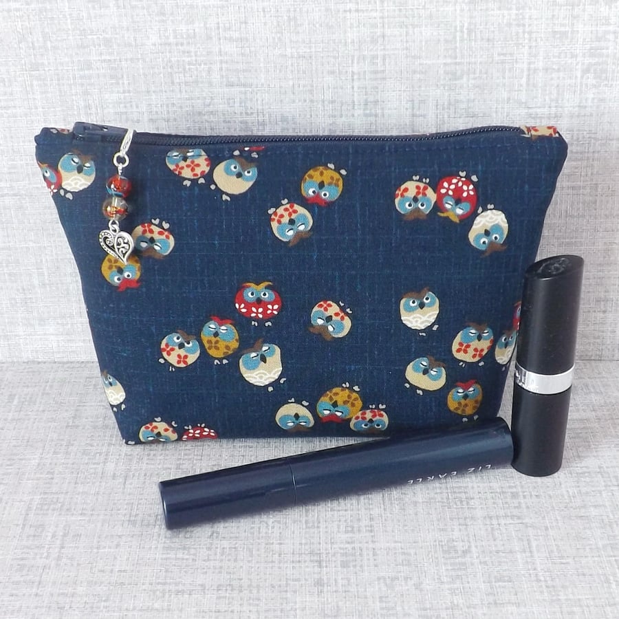 Makeup bag, zipped pouch, cosmetic bag, owls