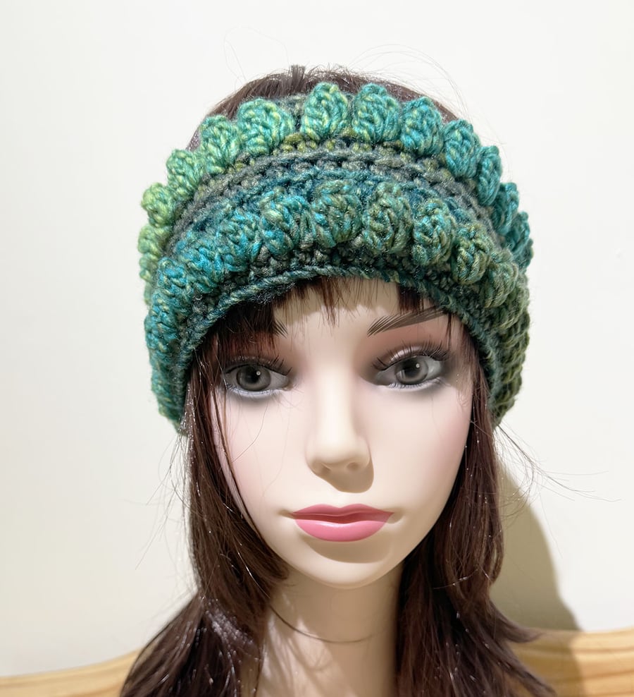 Headband Ski Warmer Crochet Quirky Green Mix