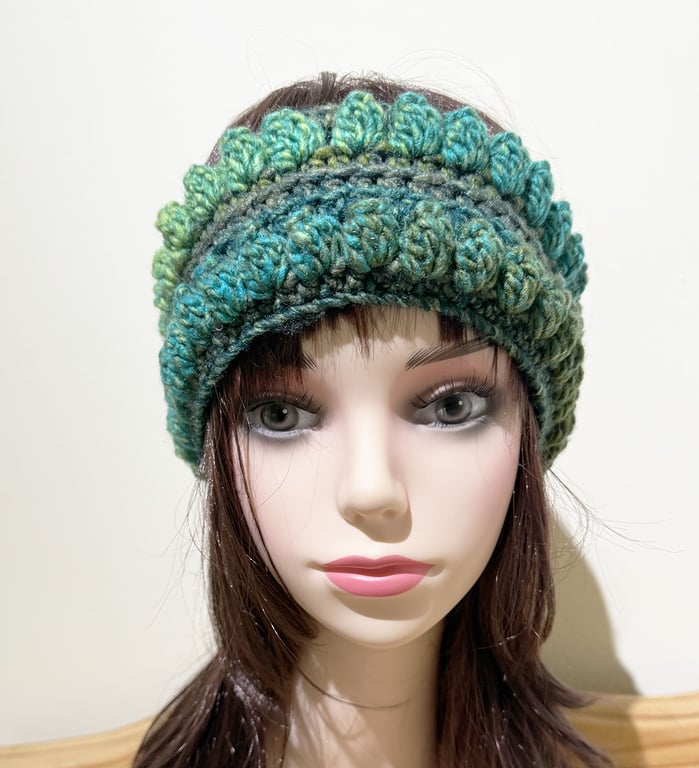Headband Ski Warmer Crochet Quirky Green Mix