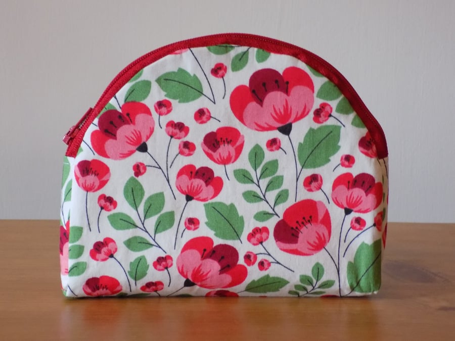 'Poppies' Floral Fabric Curved Make Up Bag Cosmetics Case