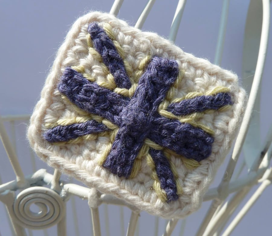 Crochet Brooch In a Union Jack flag design. Mother’s Day gift. FREE UK P and P. 