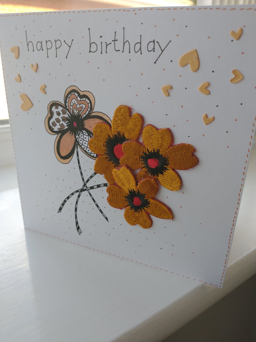 Gold embroidered daisies birthday card