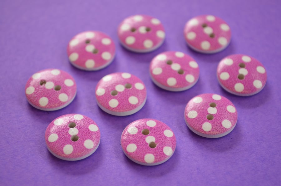 15mm Wooden Spotty Buttons Pink White 10pk Spot Dot (SSP19)