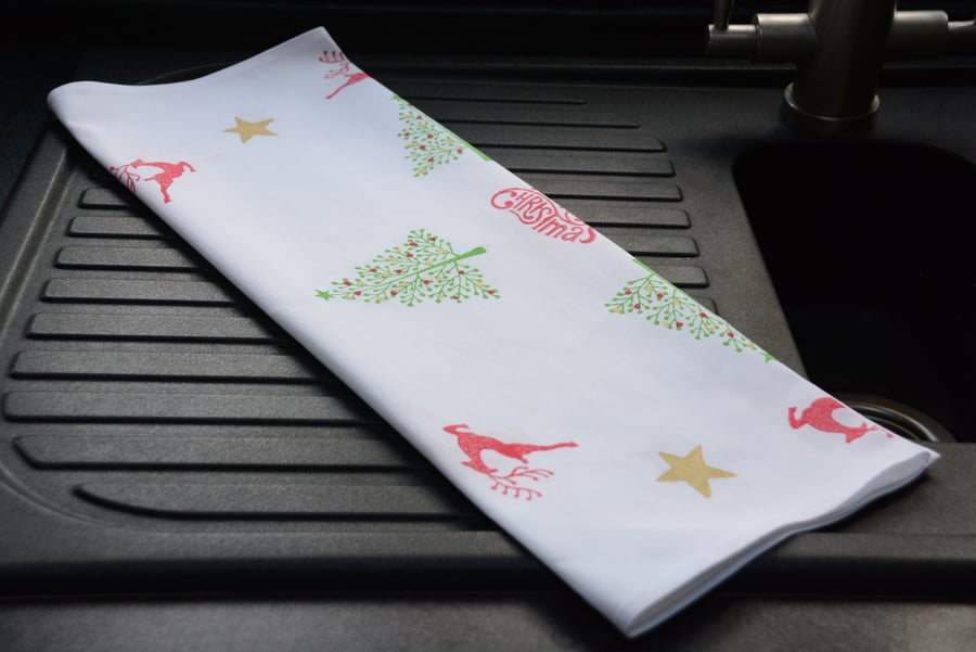 Christmas Tea Towel Hand Block Printed Tea Towel -Christmas Trees, Deers & Stars
