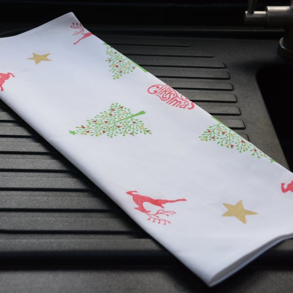 Christmas Tea Towel Hand Block Printed Tea Towel -Christmas Trees, Deers & Stars