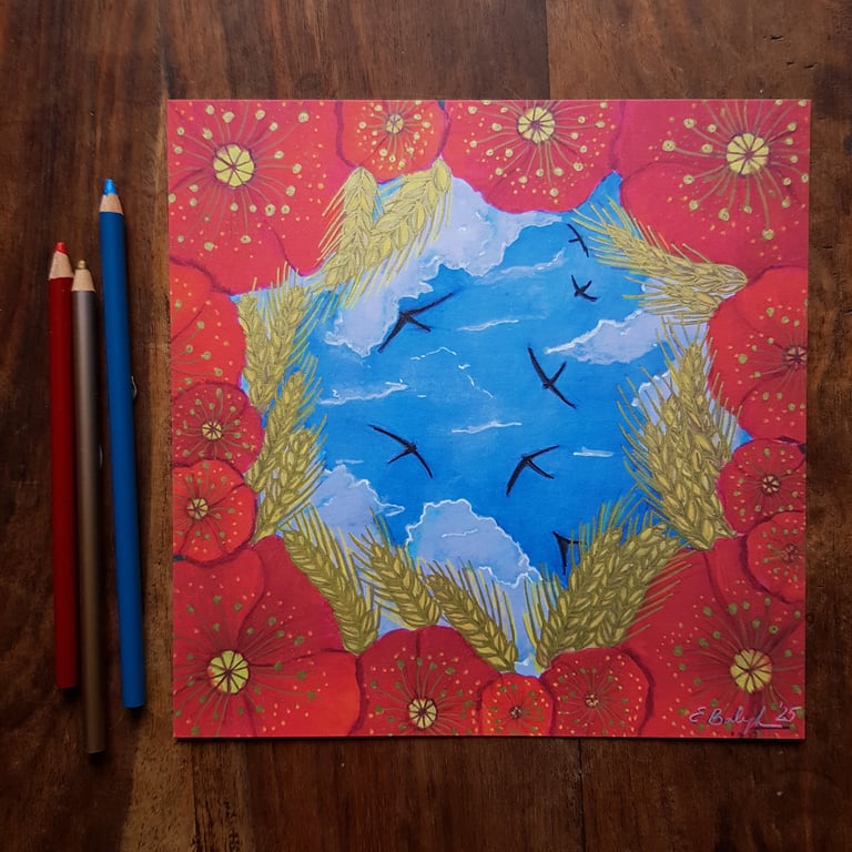 Poppies and swifts in a summer sky- art print